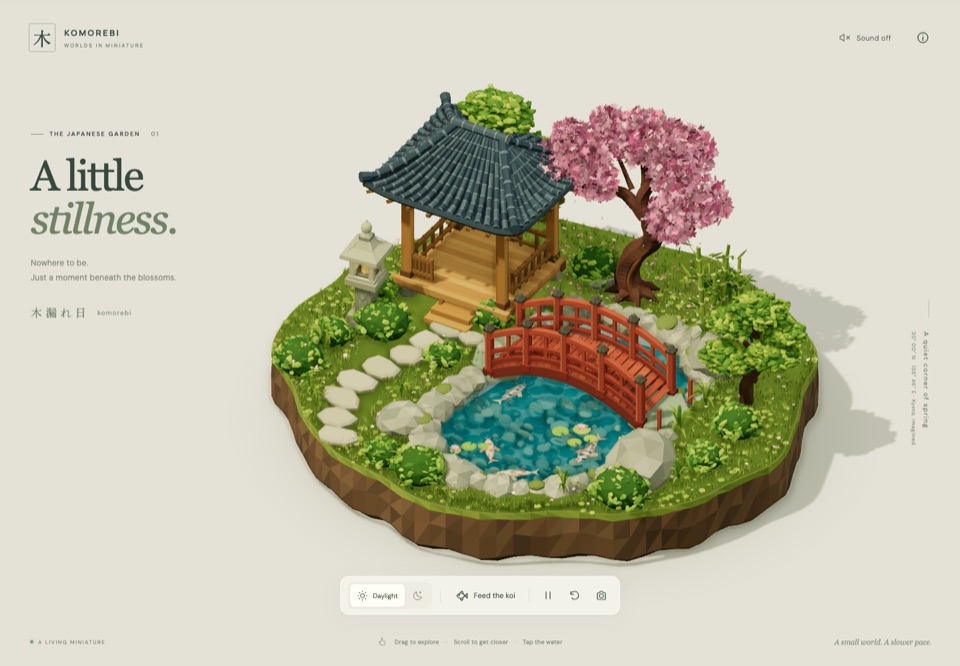 A tranquil Japanese garden with a pagoda, bridge, and koi pond