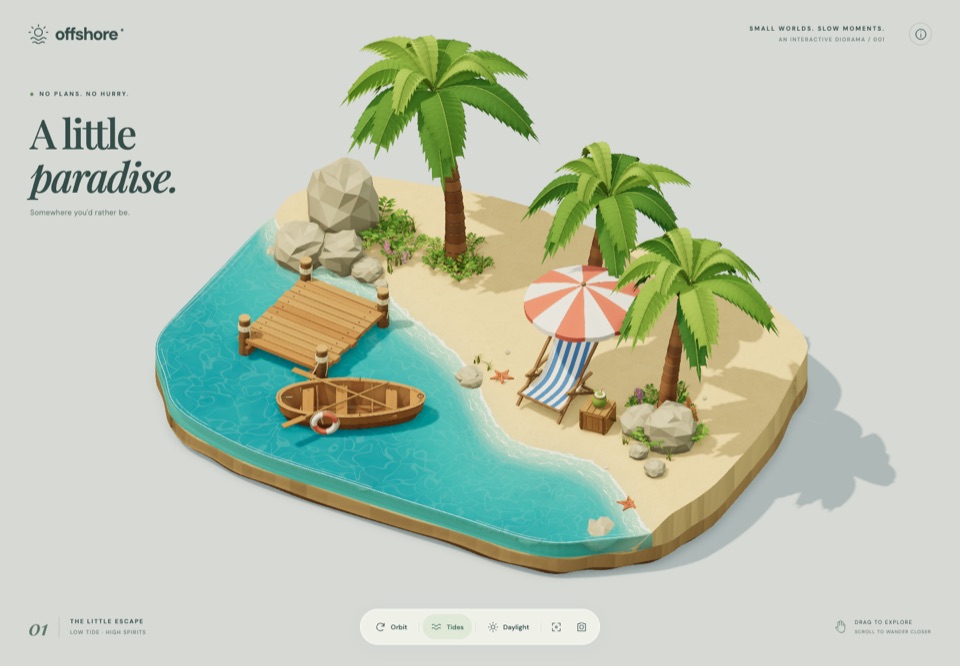 A tiny tropical island with palm trees, a wooden hut, and clear water
