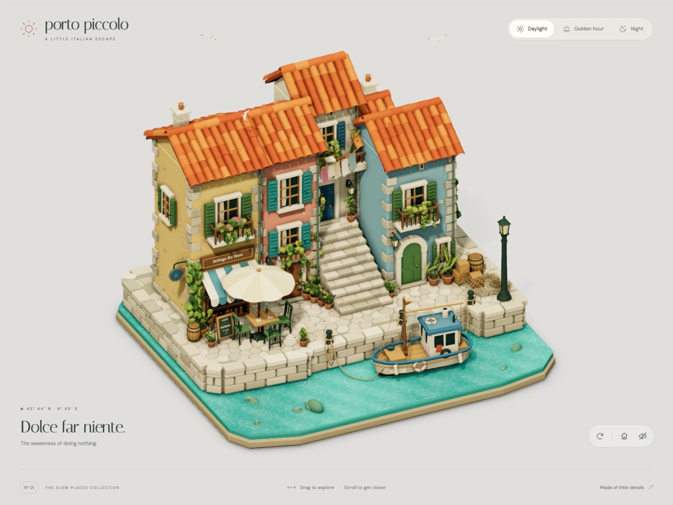 Pastel Italian houses and a fishing boat in a turquoise harbor