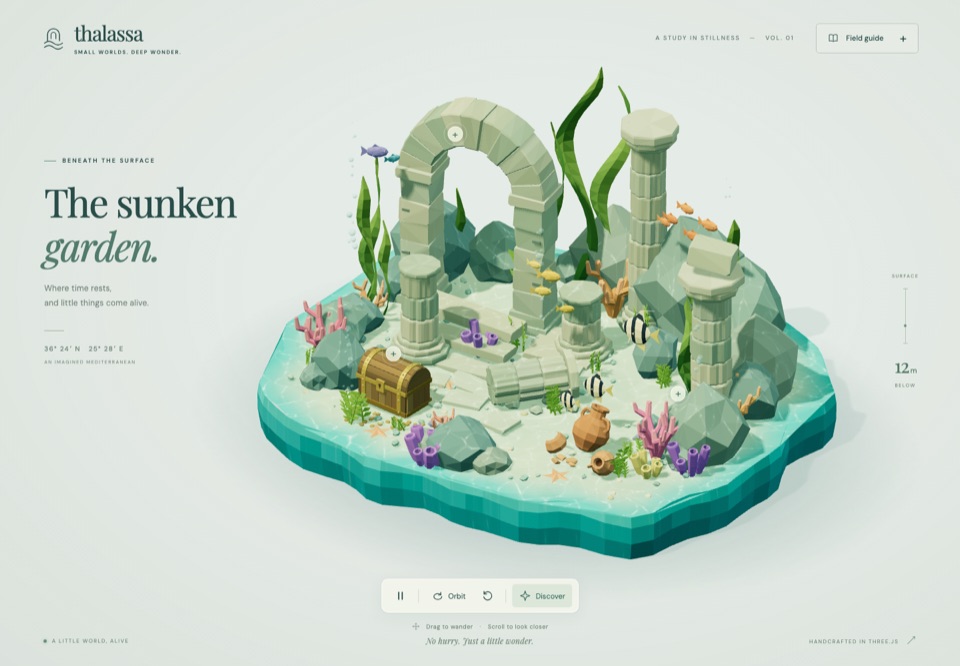 A sunken stone arch surrounded by corals, kelp, fish, and hidden treasure